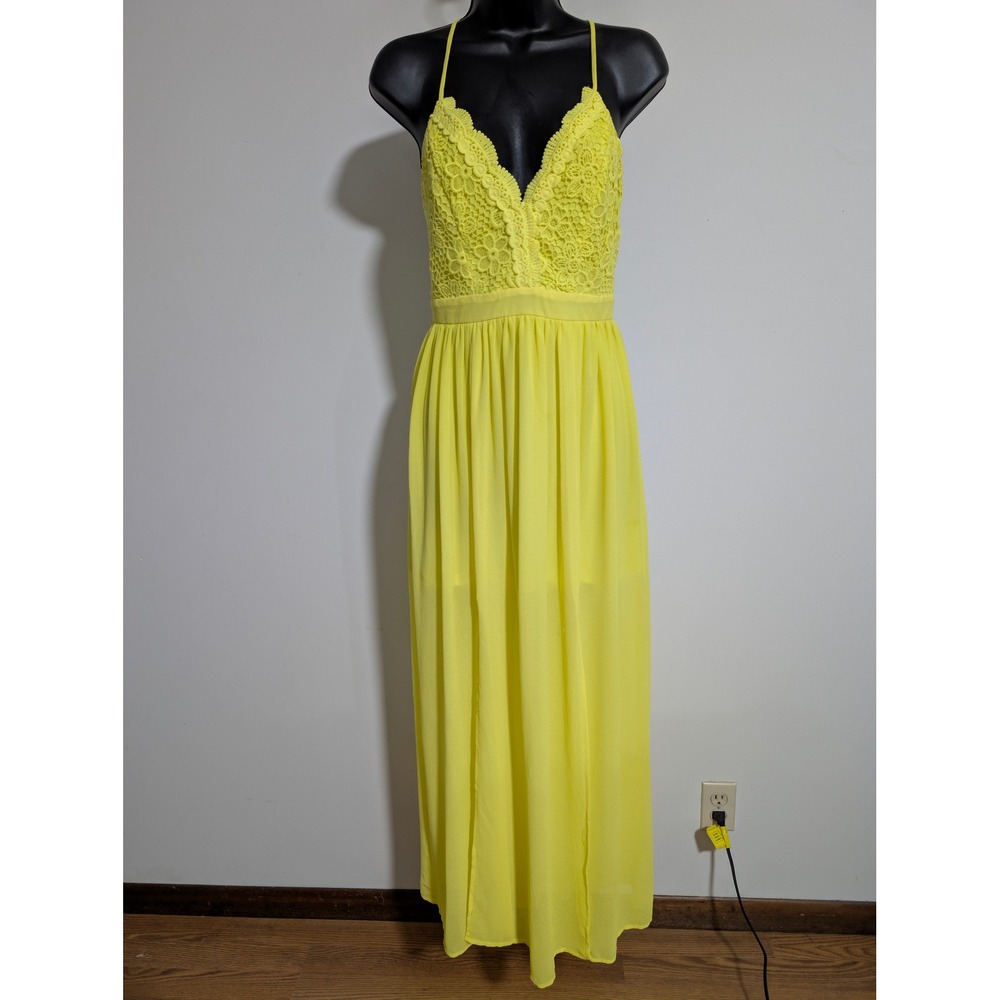 No Boundaries Yellow Lace Bodice Maxi Dress Sheer Overlay Spaghetti Strap Small